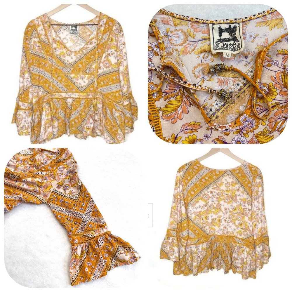 Jaase Marigold Boho Floral Tieneck Crystal tassel Blouse